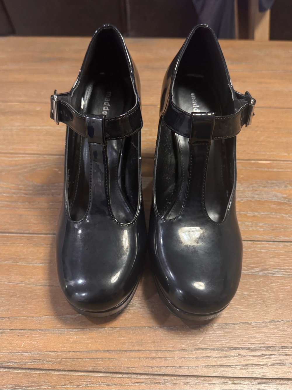 Madden Girl Black Patent T-Strap Chunky Heel Pumps - Picture 3 of 7